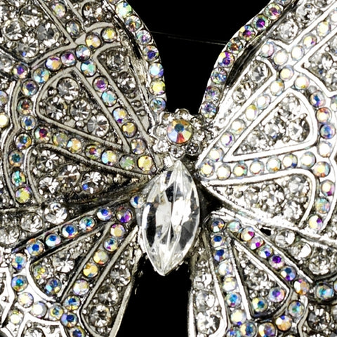 * Rhodium Silver Rhinestone Aurora Borealis Butterfly Bridal Wedding Hair Barrette 1024