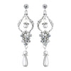 Lovely Antique Silver Chandelier Bridal Wedding Earrings w/ Clear Rhinestones & White Pearls 1065