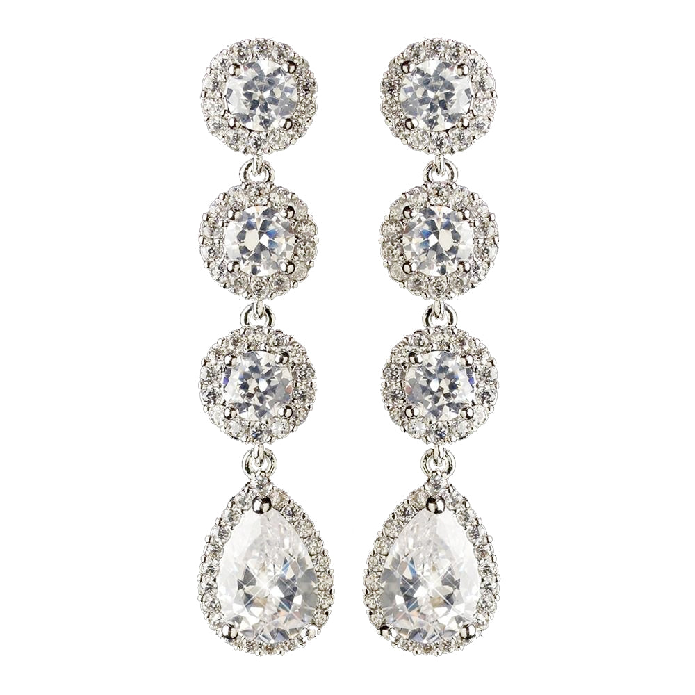 Rhodium Clear Round & Teardrop CZ Crystal Dangle Bridal Wedding Earrings 1336
