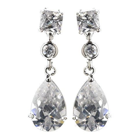 Antique Silver Rhodium Clear CZ Crystal Drop Bridal Wedding Earrings 1414