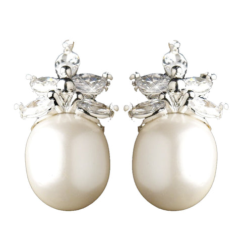 Antique Silver Rhodium Freshwater Pearl & CZ Crystal Bridal Wedding Earrings 1417