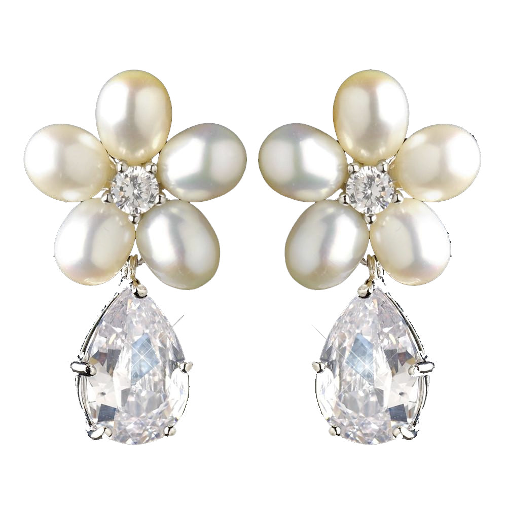 Antique Silver Rhodium Freshwater Pearl & CZ Crystal Drop Bridal Wedding Earrings 1418
