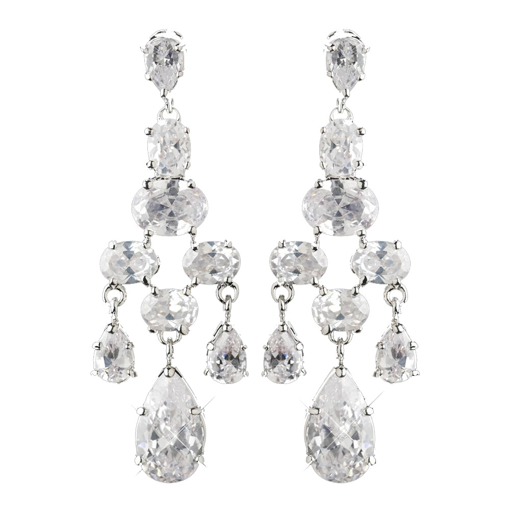 Antique Silver Rhodium Silver Clear CZ Crystal Chandelier Bridal Wedding Earrings 2282
