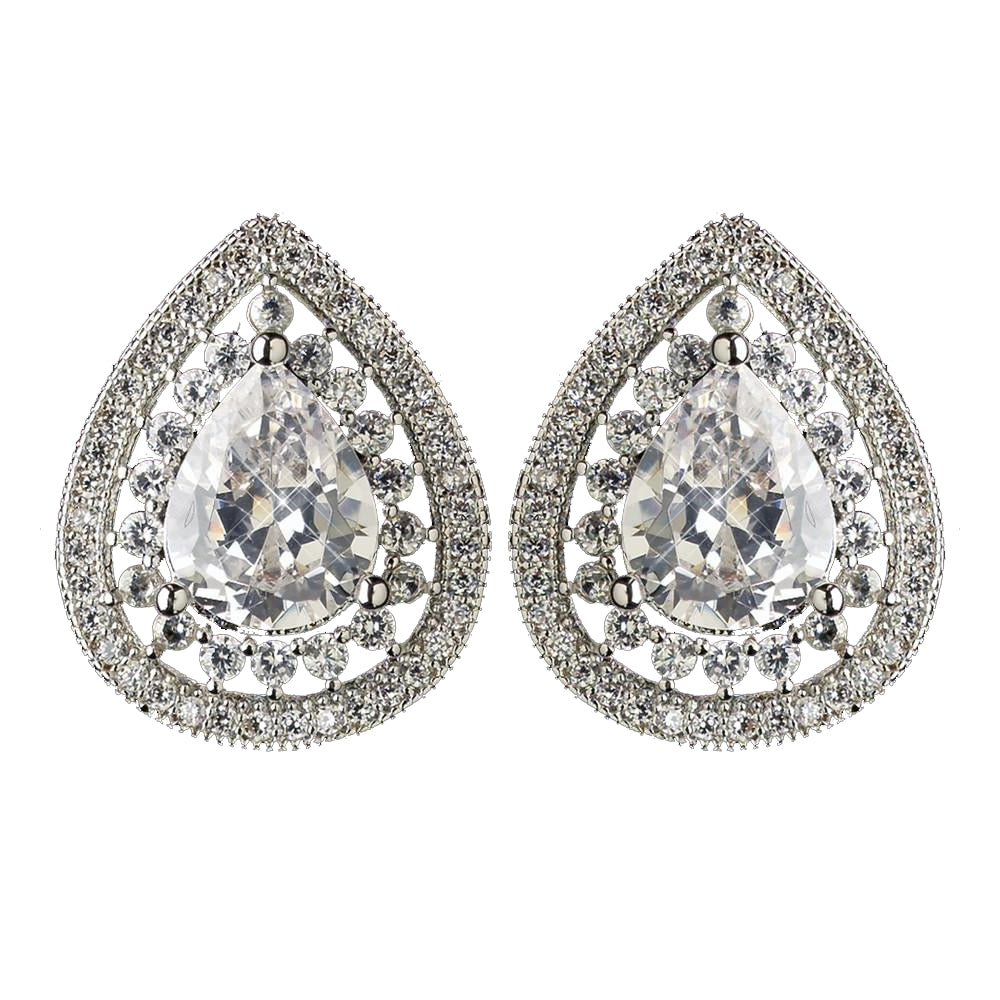Rhodium Clear Teardrop CZ Crystal Stud Bridal Wedding Earrings 2450