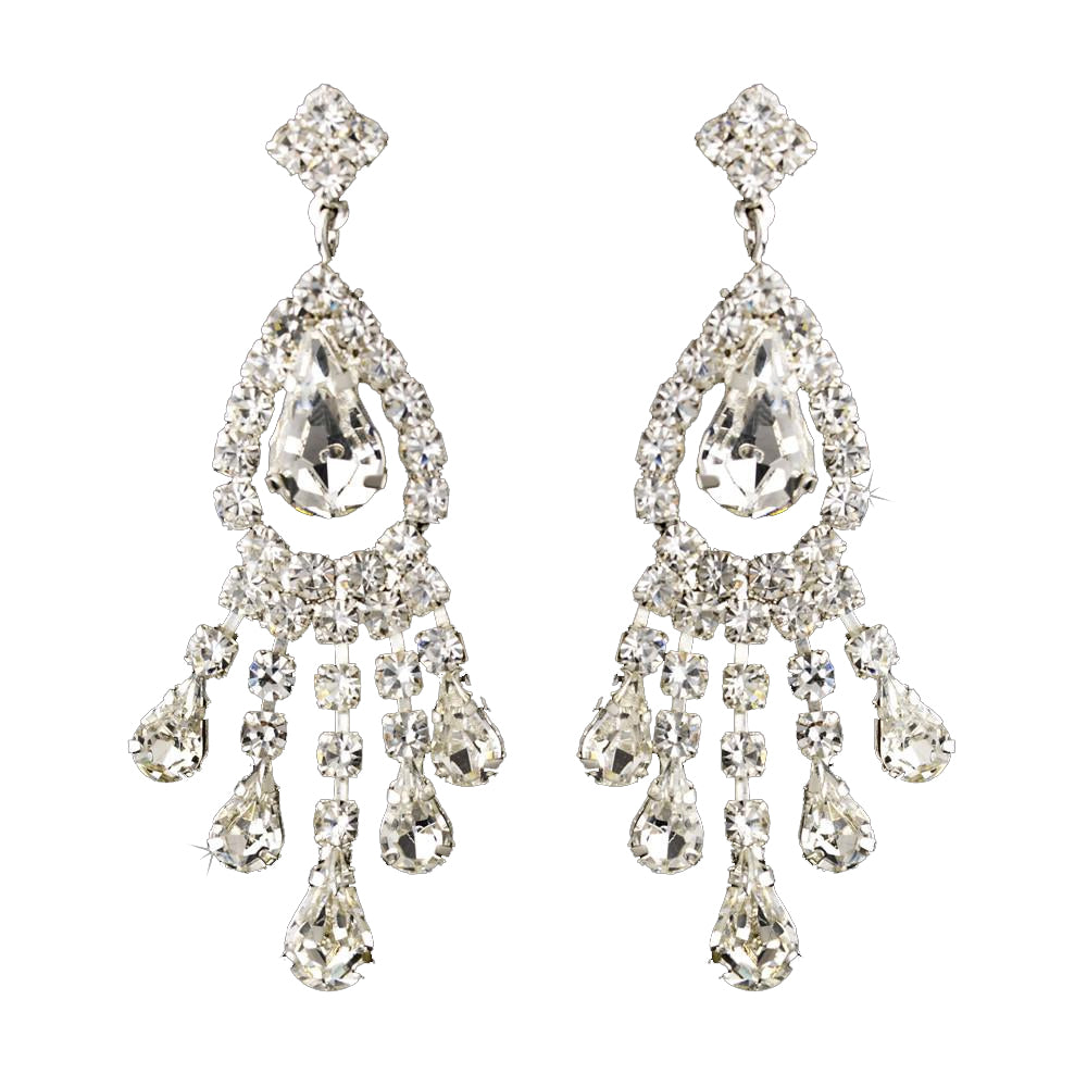 Silver Clear Teardrop & Round Rhinestone Chandelier Bridal Wedding Earrings 2479