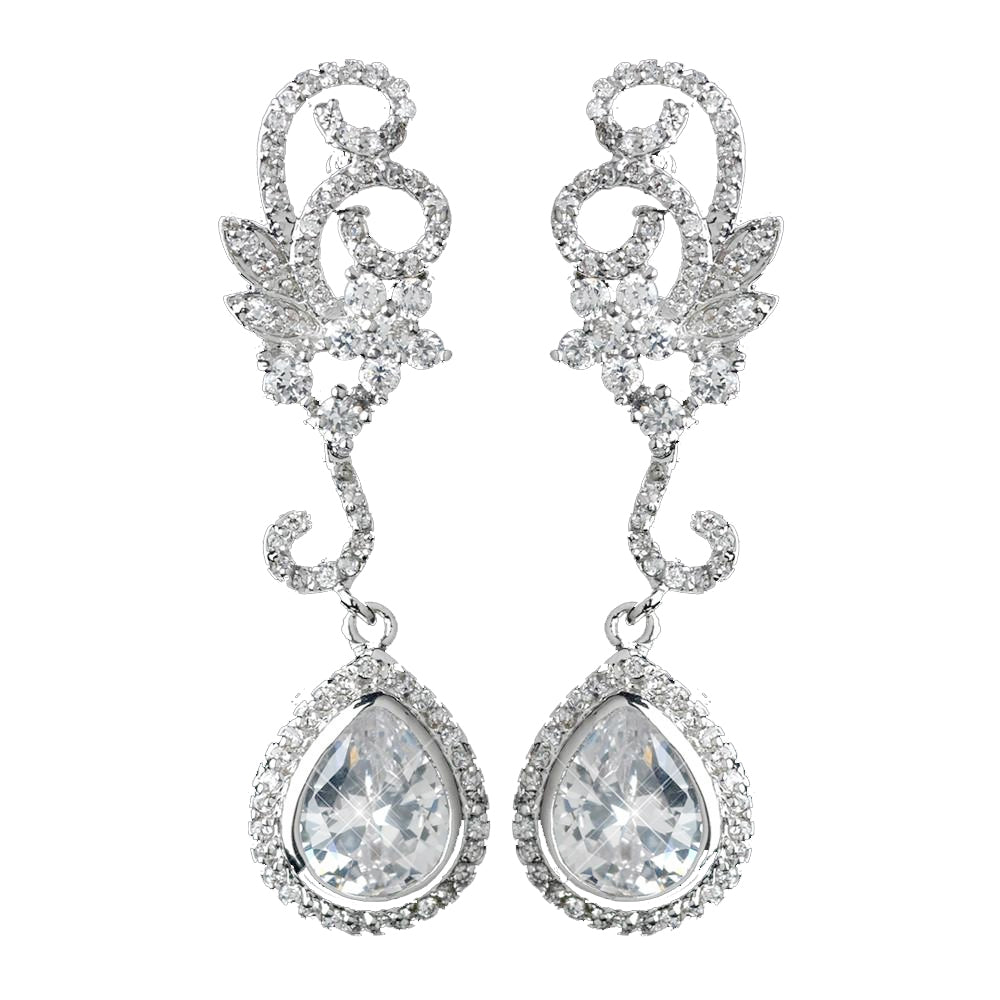 Antique Rhodium Silver Swirl Flower & Teardrop Encrusted Pave CZ Crystal Bridal Wedding Earrings 2899