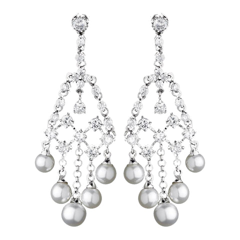 Fabulous Silver Clear CZ Chandelier Bridal Wedding Earrings w/ Pearls 2948