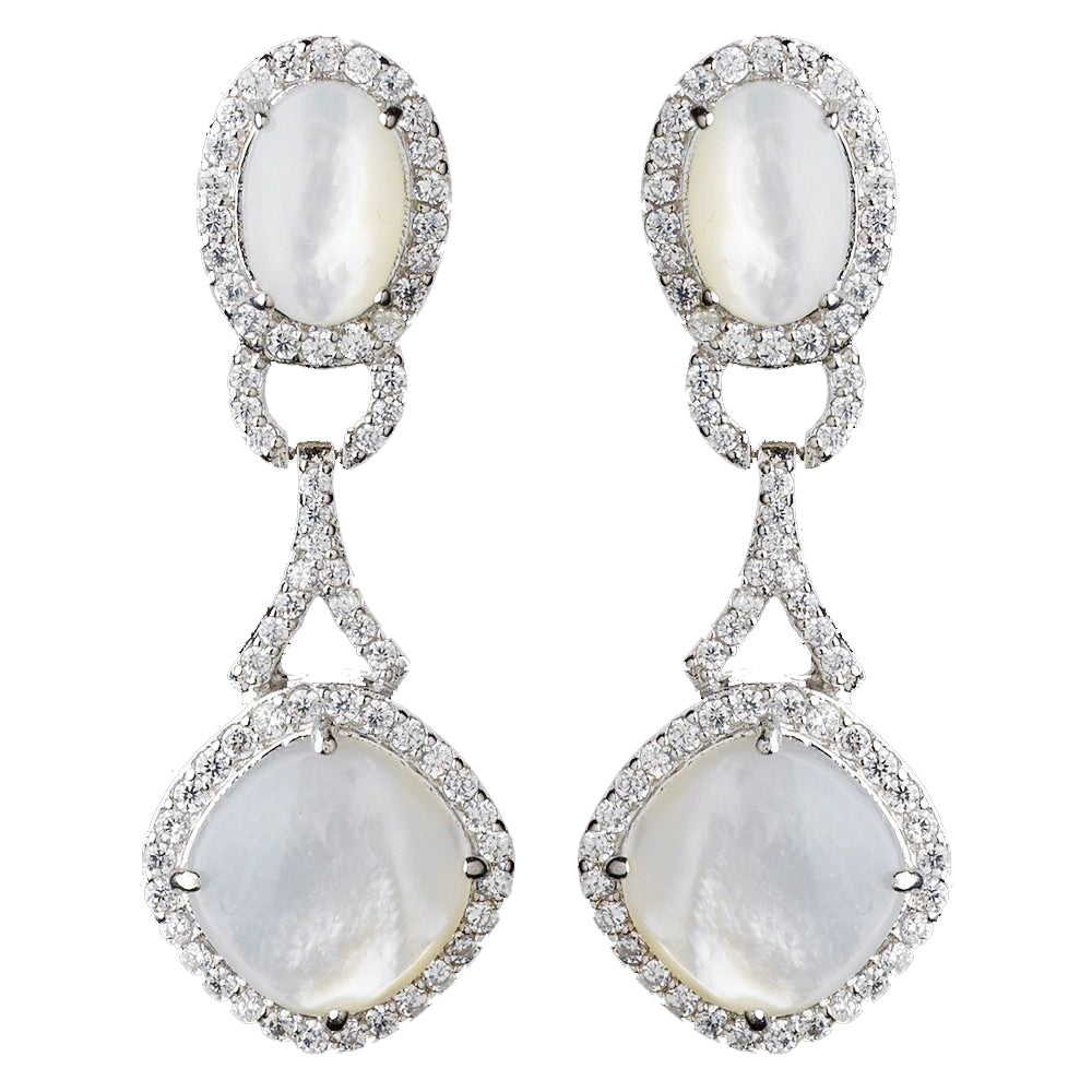 Silver CZ Opal Pearl Dangle Bridal Wedding Earrings
