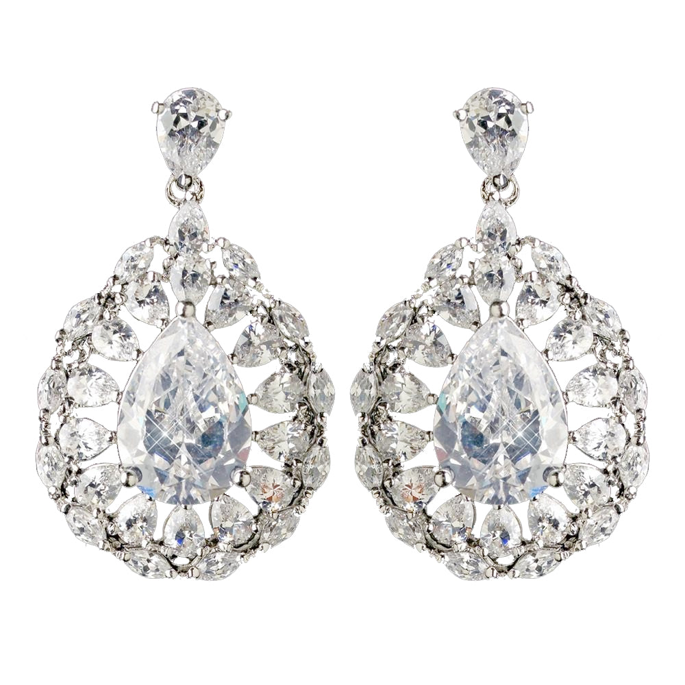 Rhodium Clear CZ Crystal Teardrop Bridal Wedding Earrings 3118