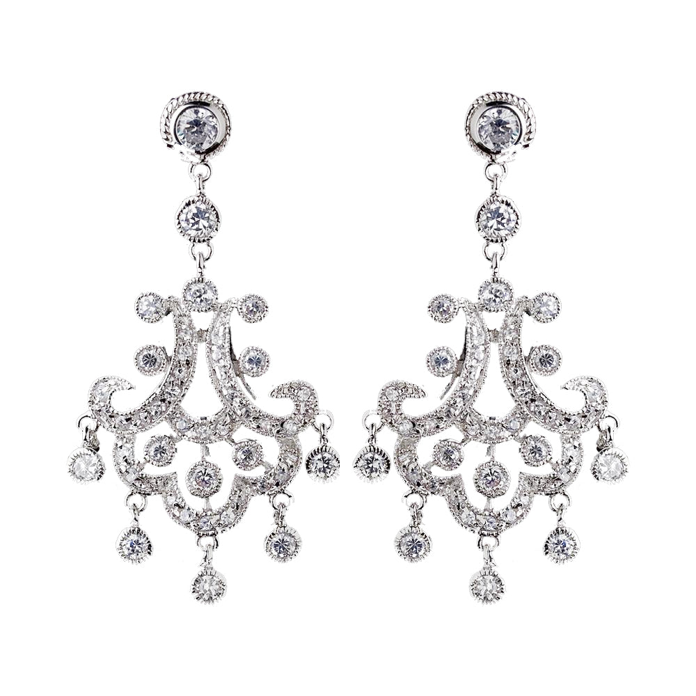 Antique Silver Clear Rhodium Chandelier CZ Bridal Wedding Earrings 3836