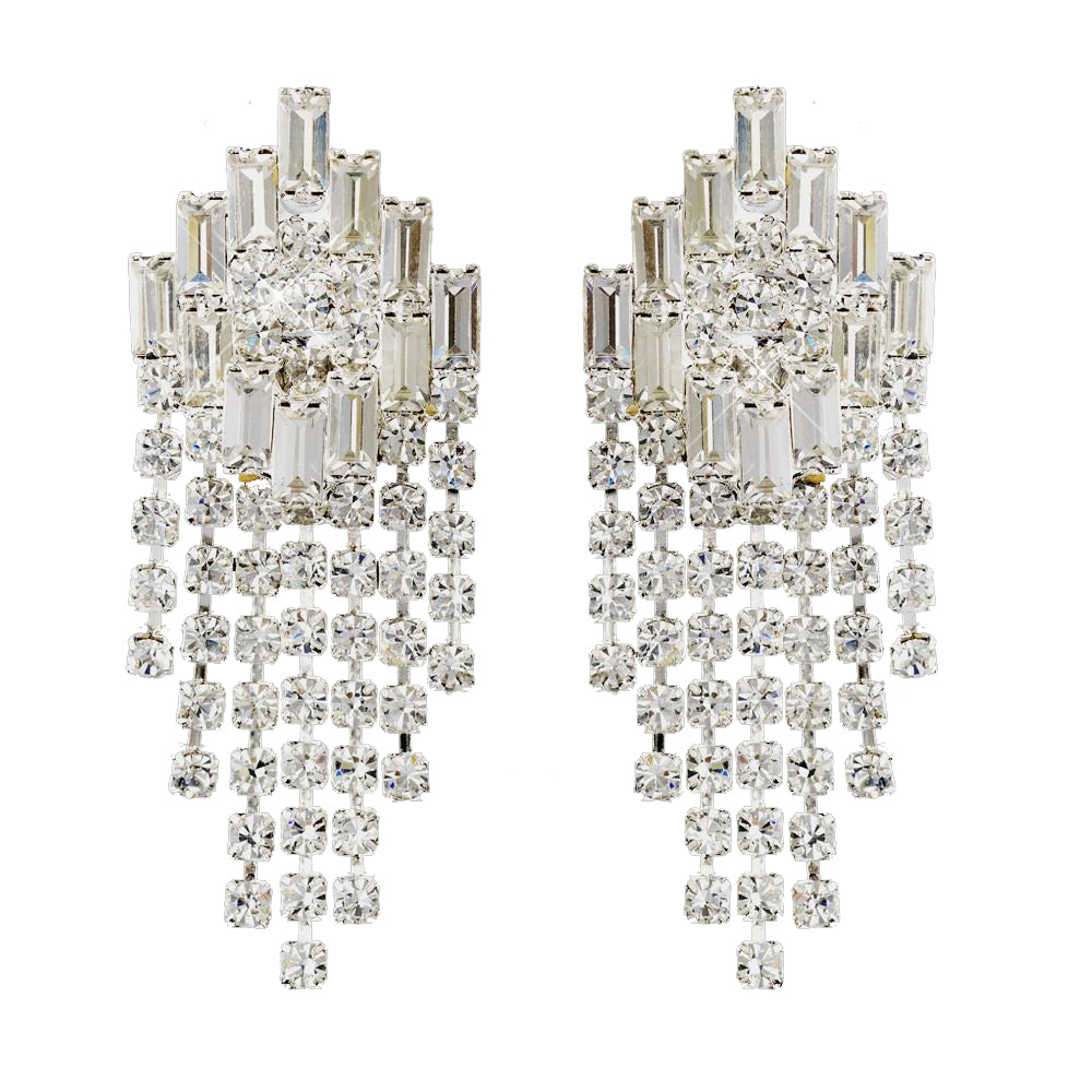 Silver Clear Baguette & Round Rhinestone Chandelier Bridal Wedding Earrings 5282
