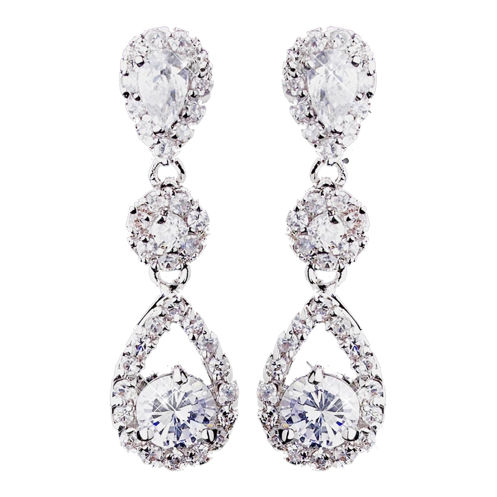 Antique Silver Clear Round CZ Crystal Dangling Bridal Wedding Earrings 5405