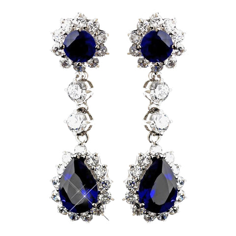 Princess Kate Middleton Inspired Silver Clear & Sapphire CZ Drop Bridal Wedding Earrings 5560