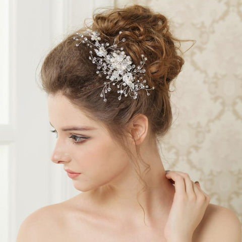 Silver Clear Floral Bridal Wedding Hair Vine Bridal Wedding Hair Comb with Twigs of Rhinestones, Swarovski Crystal Beads & Freshwater Pearls