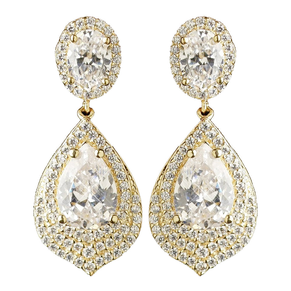 Gold Clear CZ Teardrop Crystal Drop Bridal Wedding Earrings 7412