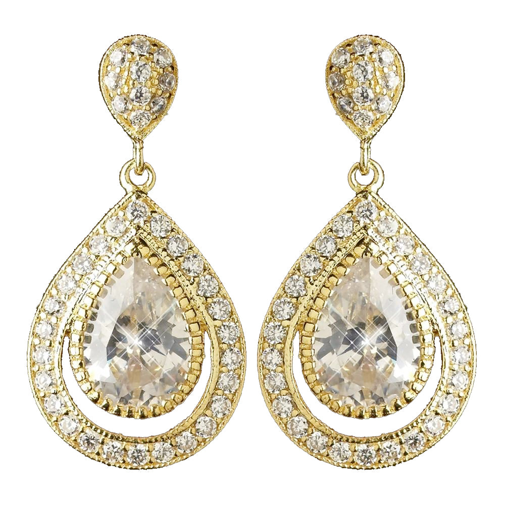 Gold Clear CZ Crystal Teardrop Drop Bridal Wedding Earrings 7427