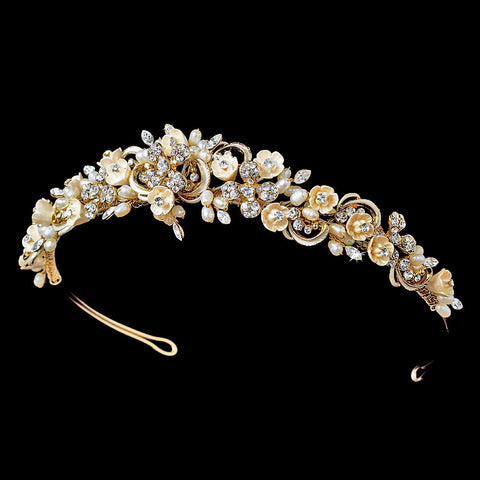 Floral Rhinestone Champagne Elegance Bridal Wedding Pearl Bridal Wedding Headband - HP 7539 Gold