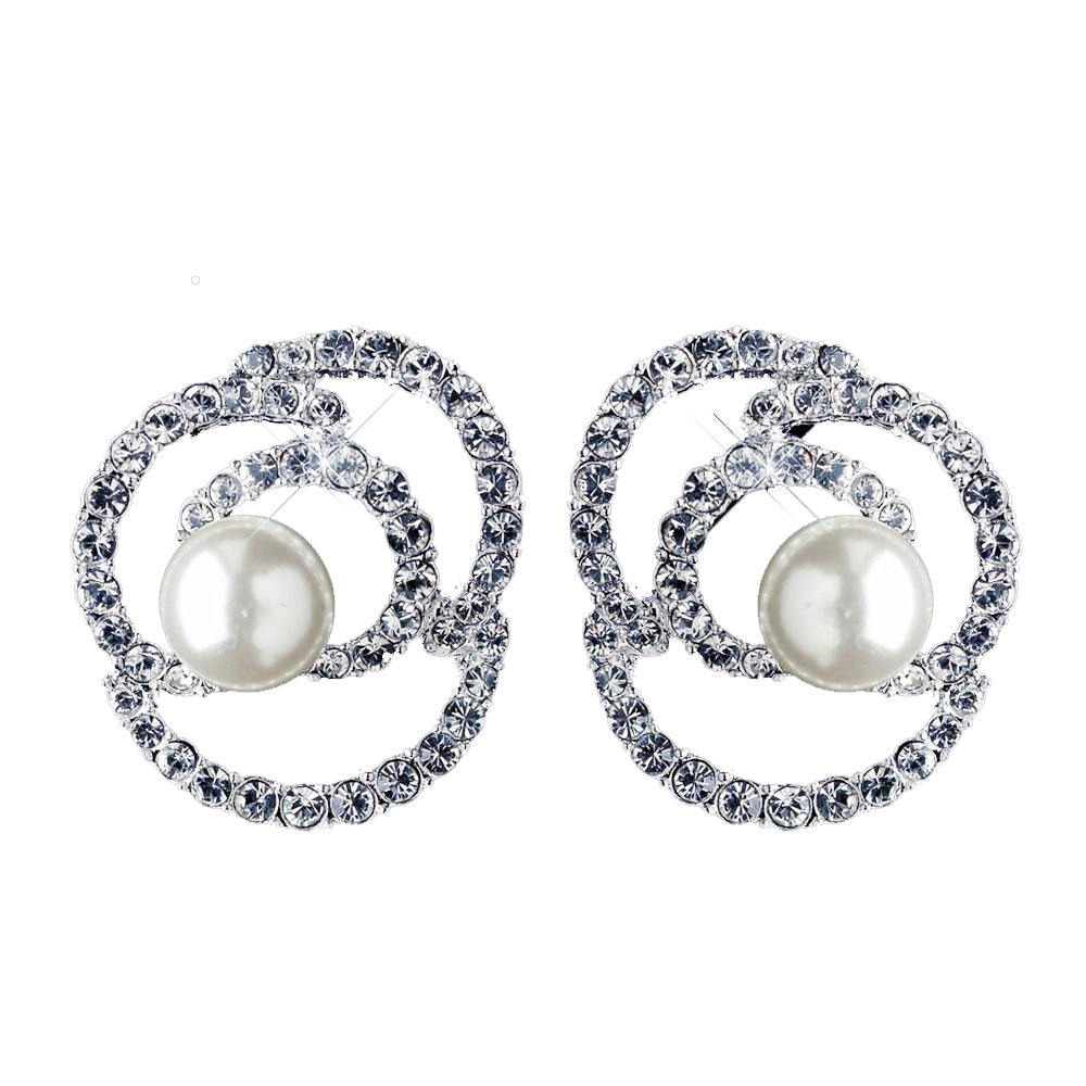 Silver Ivory Pearl & Rhinestone Rose Stud Bridal Wedding Earrings 76013