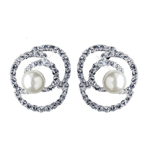 Silver Ivory Pearl & Rhinestone Rose Stud Bridal Wedding Earrings 76013