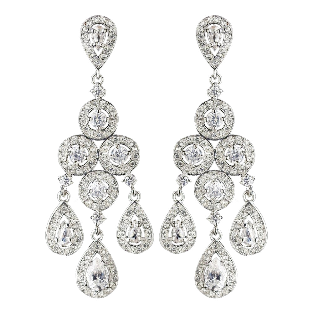 Rhodium Clear Round & Teardrop CZ Crystal Chandelier Bridal Wedding Earrings 7612