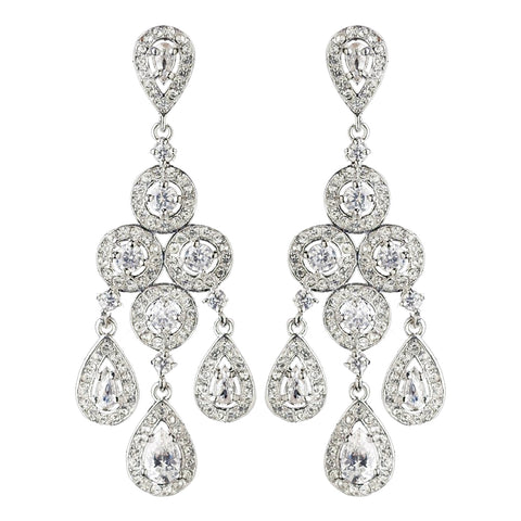 Rhodium Clear Round & Teardrop CZ Crystal Chandelier Bridal Wedding Earrings 7612