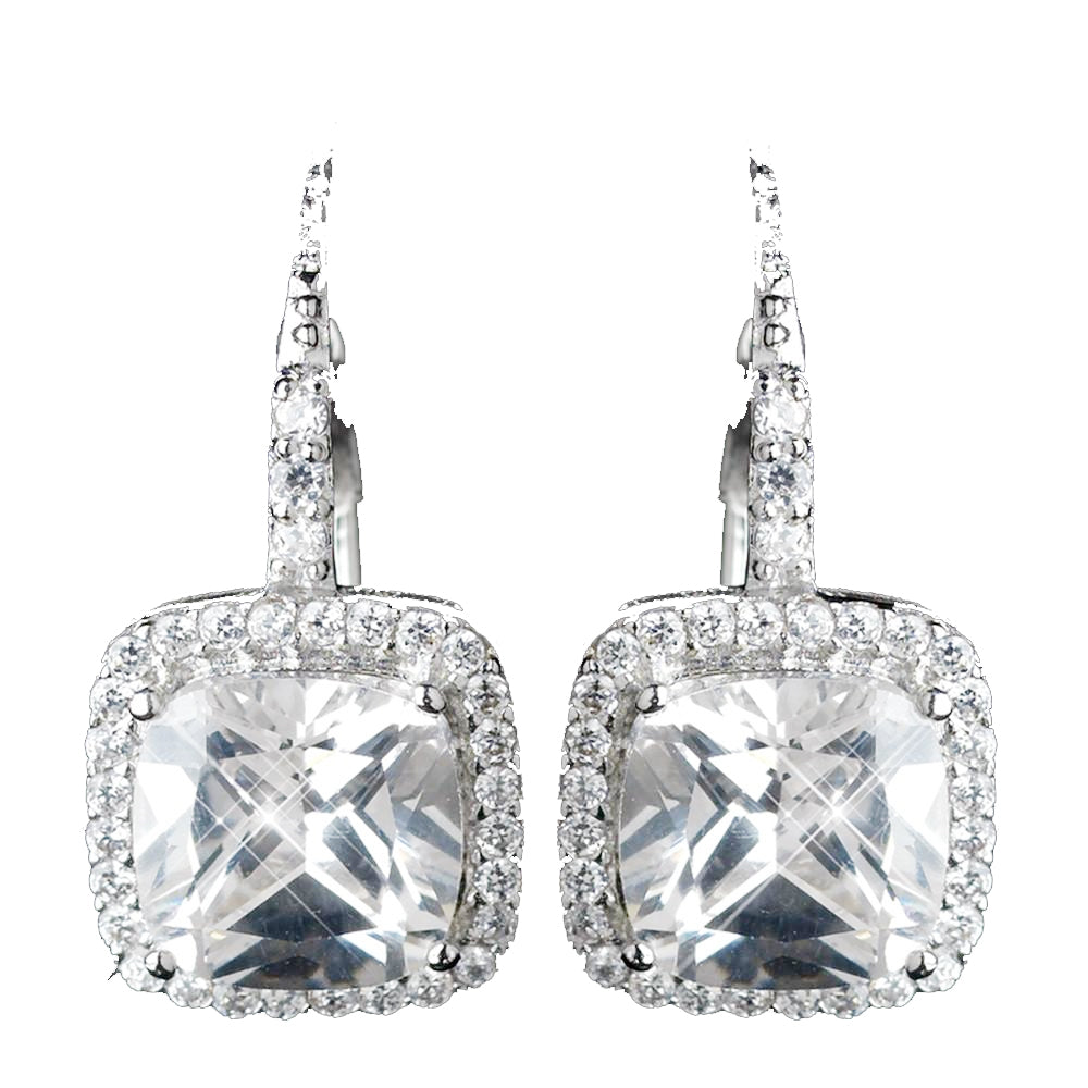 Antique Rhodium Silver Clear Princess CZ Crystal Stud Bridal Wedding Earrings 7701