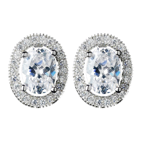 Antique Rhodium Silver Clear Oval CZ Crystal Pave Encrusted Stud Bridal Wedding Earrings 7738