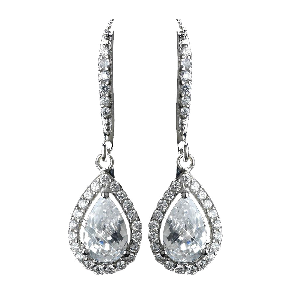 Antique Rhodium Silver Clear Teardrop Encrusted CZ Crystal Leverback Bridal Wedding Earrings 7740
