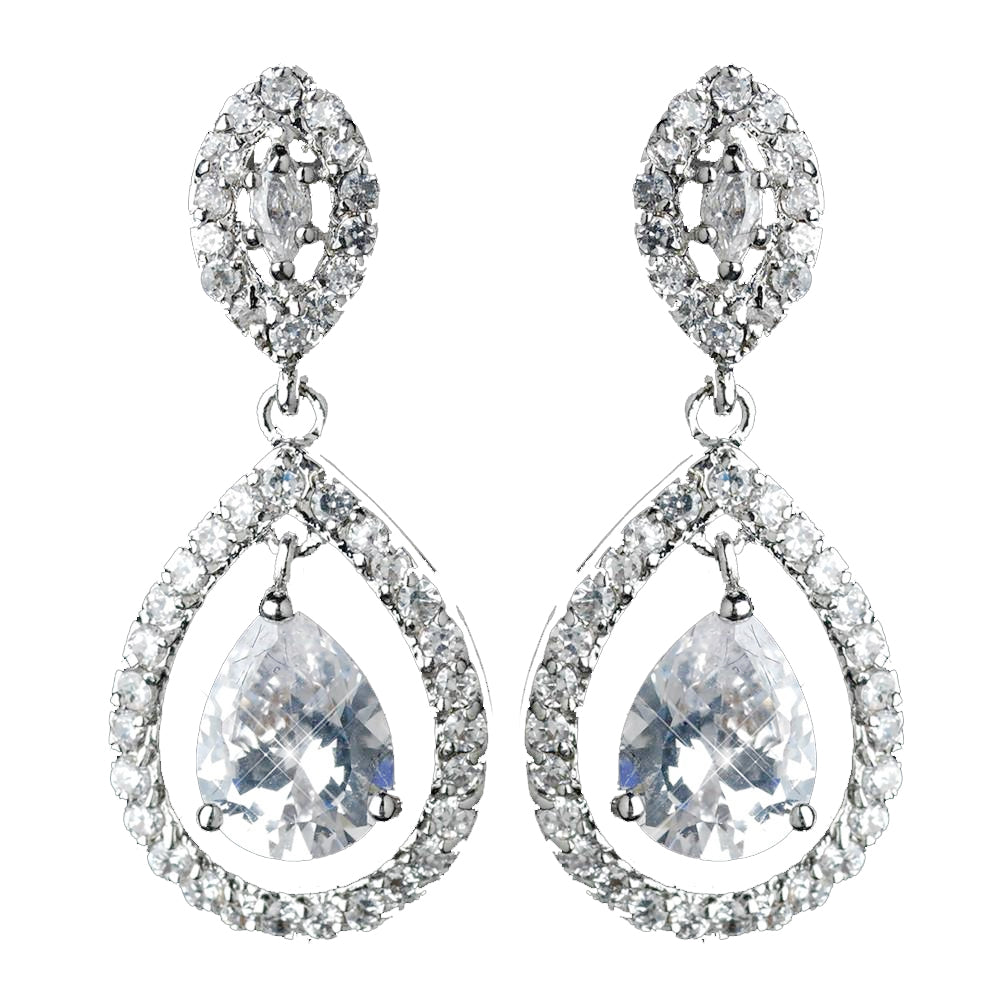 Antique Rhodium Silver Clear CZ Crystal w/ Teardrop Dangle Bridal Wedding Earrings 7762