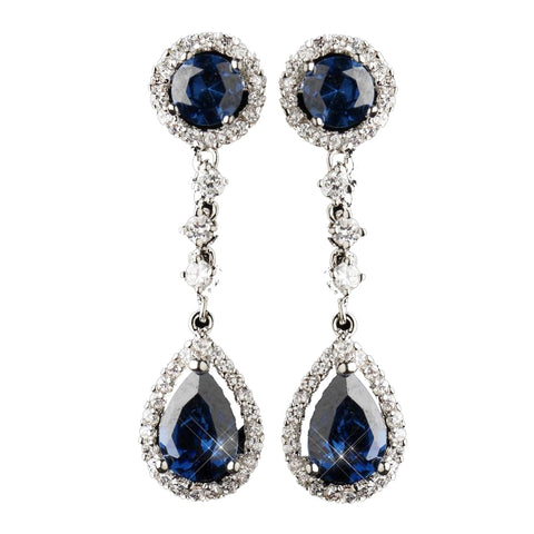 Antique Silver Rhodium Sapphire CZ Crystal Drop Bridal Wedding Earrings 9116