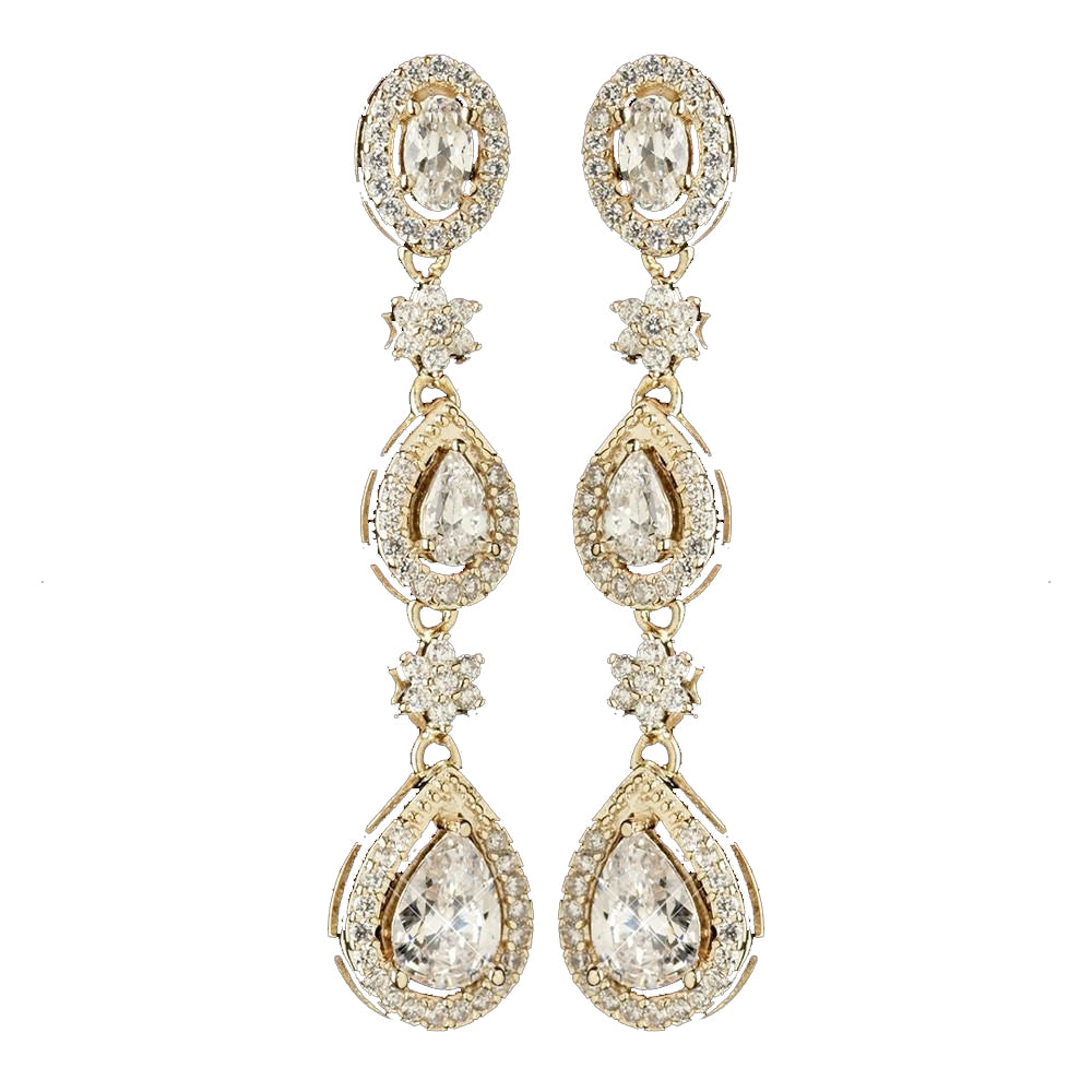 Gold Teardrop & Oval Pave Encrusted CZ Crystal Flower Dangle Earring 7763