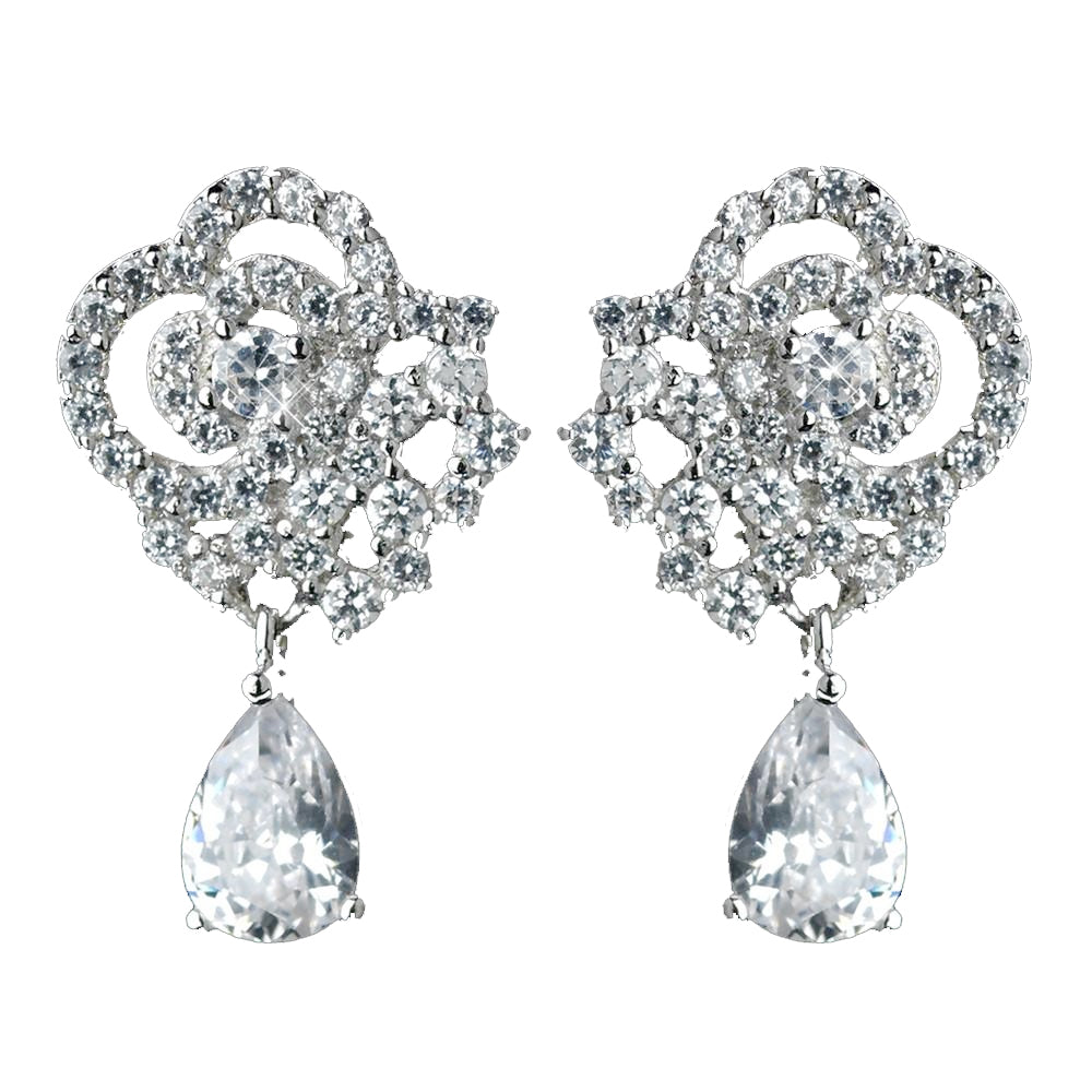 Antique Rhodium Silver Clear Pave Encrusted Tear Drop Bridal Wedding Earrings 7764