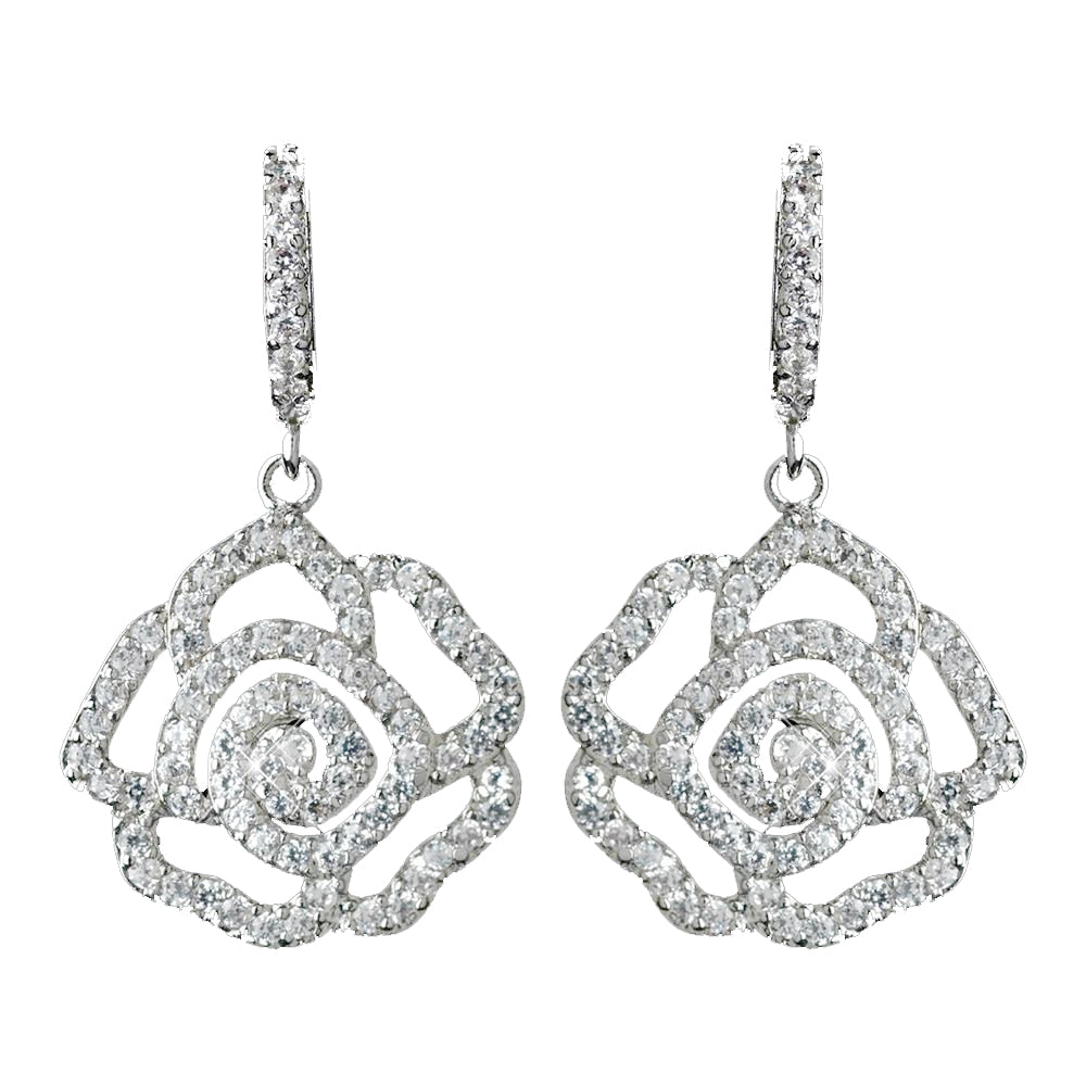Antique Rhodium Silver Clear CZ Crystal Encrusted Pave Rose Dangle Bridal Wedding Earrings 7765