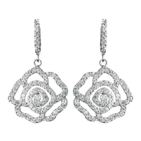 Antique Rhodium Silver Clear CZ Crystal Encrusted Pave Rose Dangle Bridal Wedding Earrings 7765