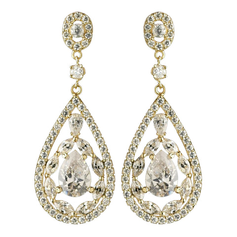 Gold Clear Multi Cut Teardrop CZ Crystal Chandelier Bridal Wedding Earrings 7769