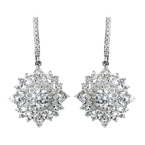 Antique Rhodium Silver Clear CZ Crystal Cluster Snowflake Like Leverback Bridal Wedding Earrings 7771