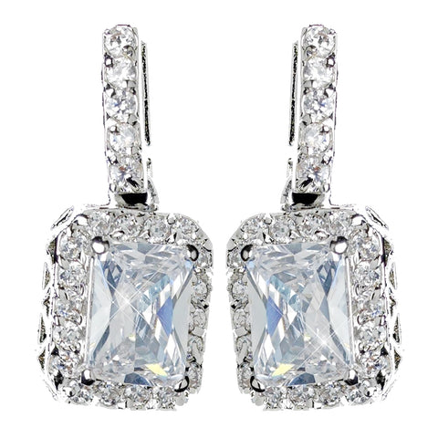 Antique Rhodium Silver Clear Princess Cut CZ Crystal Drop Bridal Wedding Earrings 7782