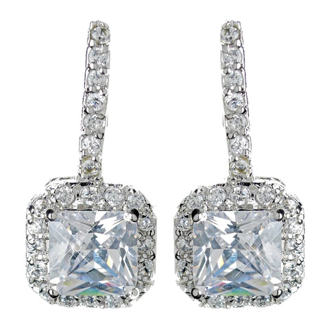 Antique Rhodium Silver Clear CZ Crystal Princess Cut Encrusted Bridal Wedding Earrings 7784