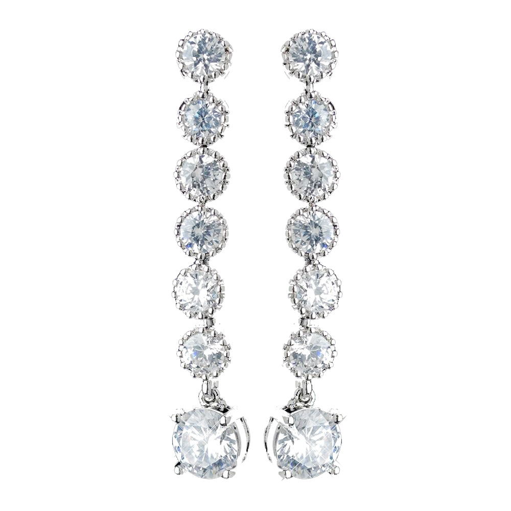 Antique Rhodium Silver Clear 7 CZ Crystal Solitaire Drop Dangle Bridal Wedding Earrings 7790