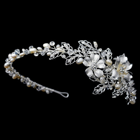 Silver Flower Bridal Wedding Side Headband with Swarovski Crystal Beads, Rhinestones & Freshwater Pearls