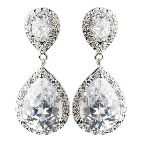 Antique Silver Clear CZ Crystal Tear Drop Bridal Wedding Earrings 7850