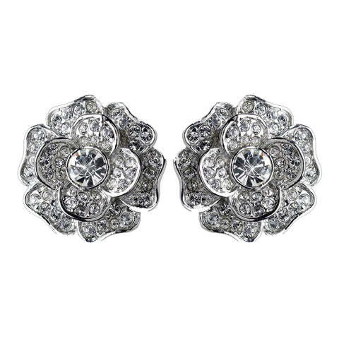 Rhodium Clear CZ Crystal Rose Bridal Wedding Hair Clip On Stud Bridal Wedding Earrings 82010