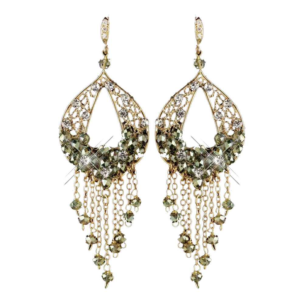 Gold Olive Green & Clear Rhinestone Hand Made Chandelier Bridal Wedding Earrings 82041