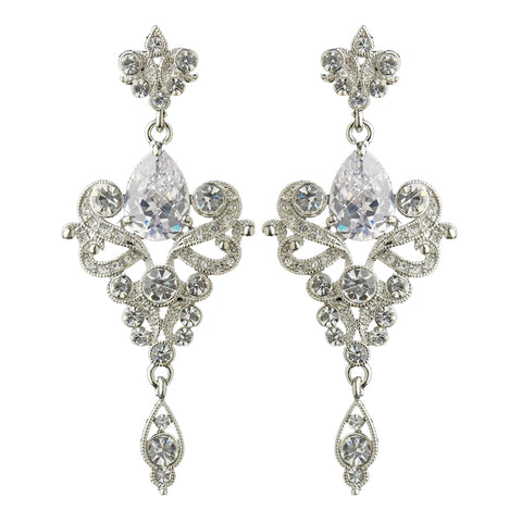 Antique Silver Clear Dangle Tear Drop CZ Crystal Bridal Wedding Earrings 8485