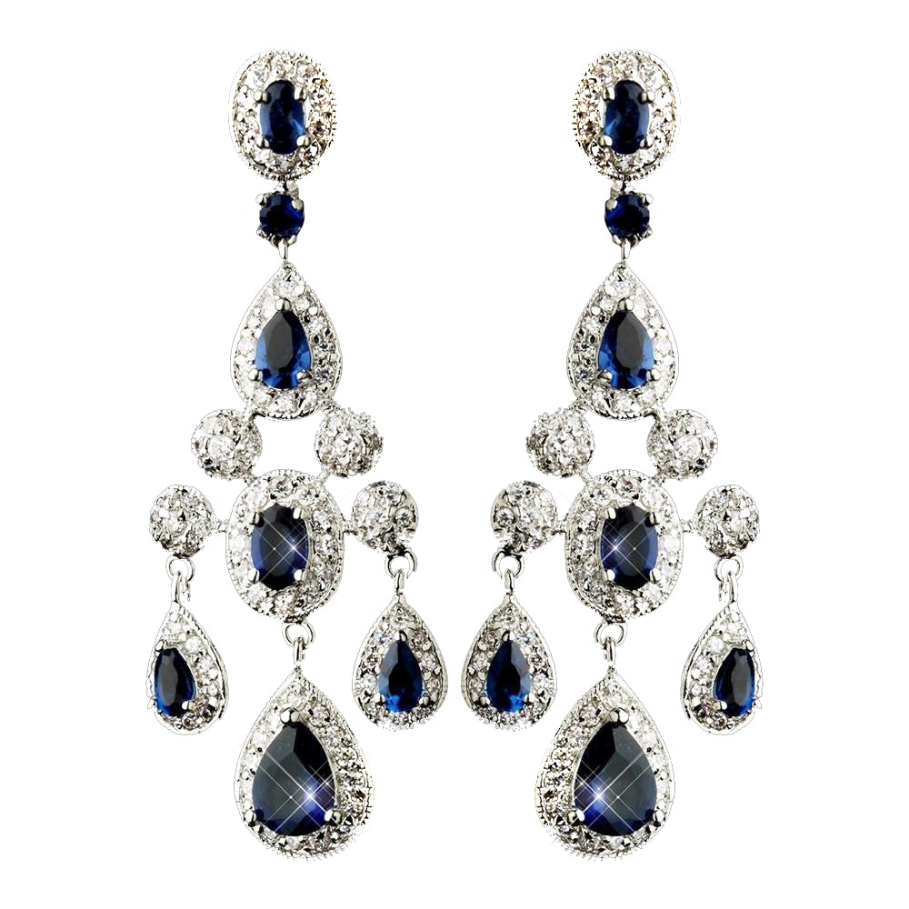 Antique Silver Sapphire CZ Crystal Bridal Wedding Chandelier Bridal Wedding Earrings 8677