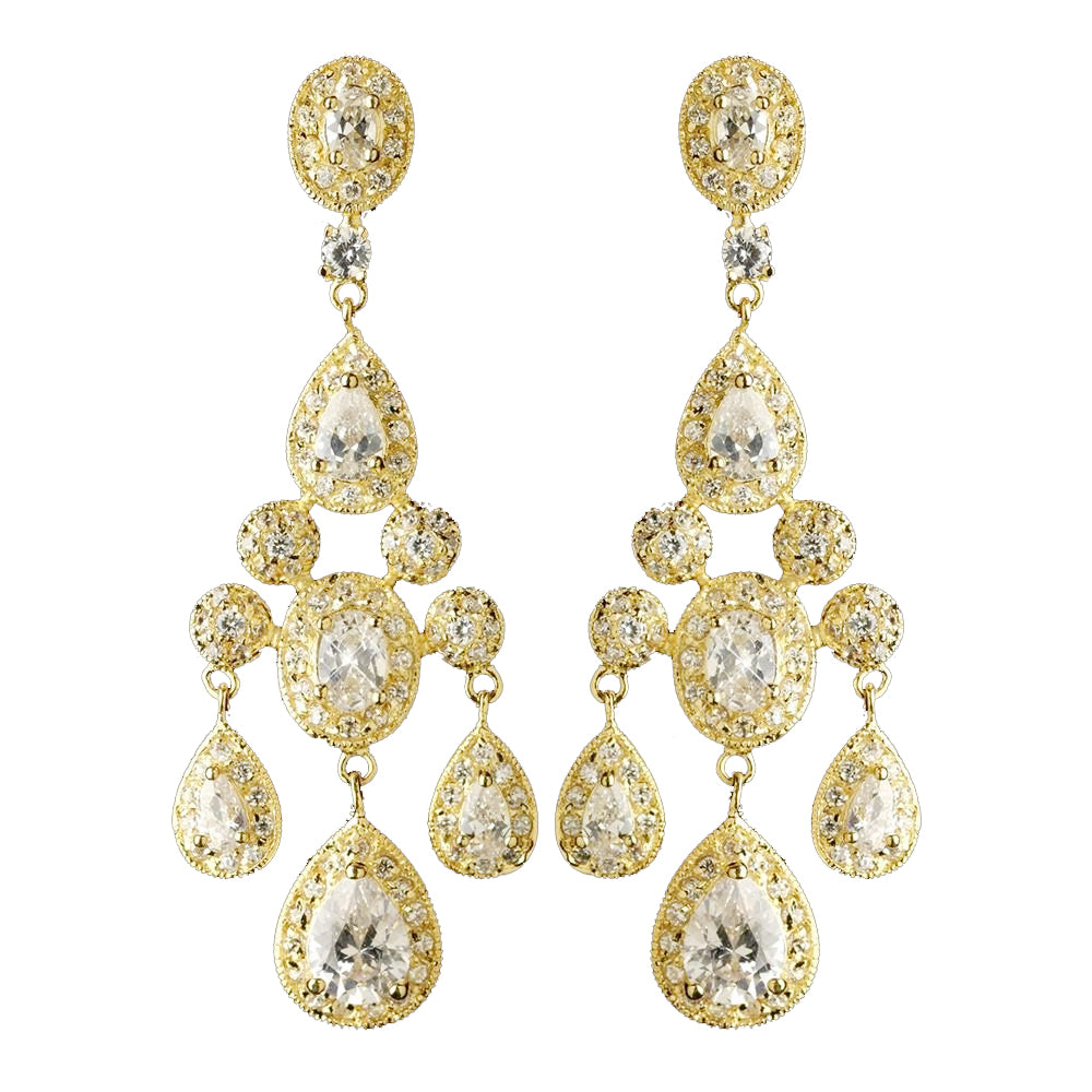 Gold Clear Teardrop CZ Crystal Chandelier Bridal Wedding Earrings 8677