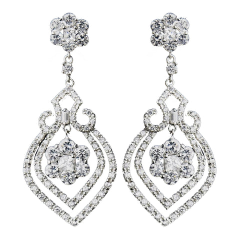 Antique Silver Clear CZ Crystal Flower Bulb Bridal Wedding Earrings 8748