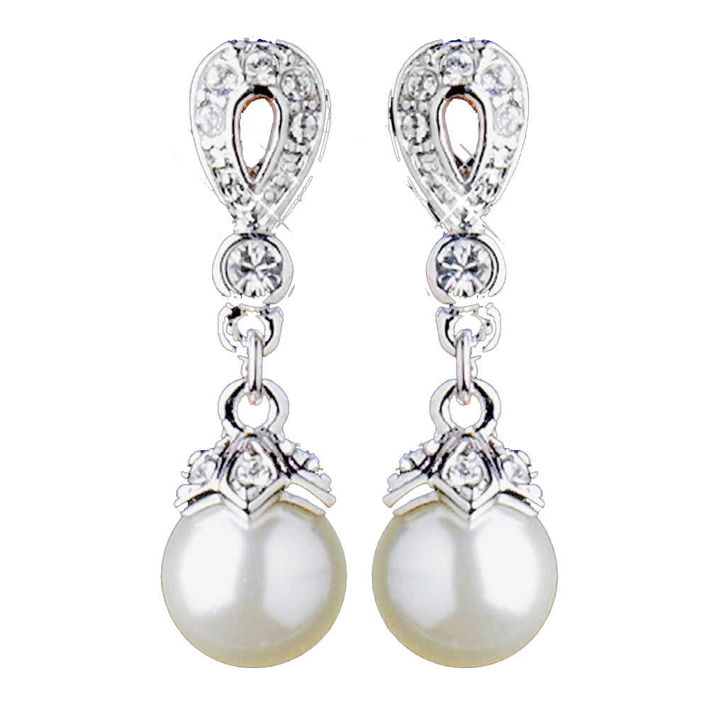 Silver Ivory Pearl & CZ Crystal Drop Bridal Wedding Earrings 8763