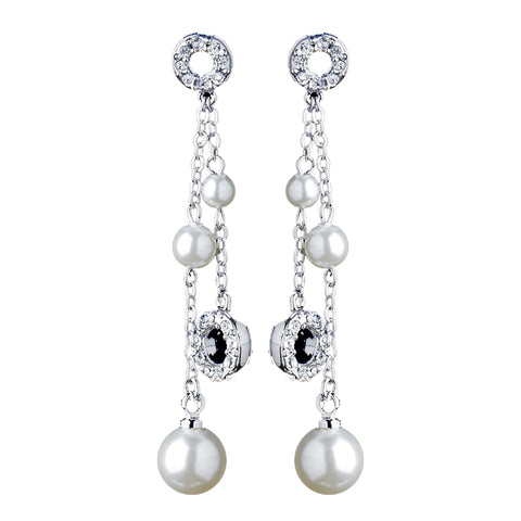 Silver Clear CZ & Diamond White Pearl Bridal Wedding Earrings 8766
