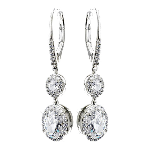 Antique Silver Clear Oval CZ Crystal Bridal Wedding Earrings 8778